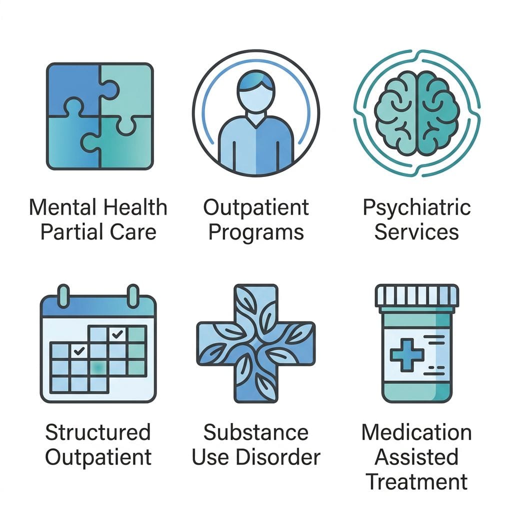 Icon set representing six behavioral health programs at Taylor Care Tuckerton: Mental Health Partial Care, Outpatient Programs, Psychiatric Services, Structured Outpatient, Substance Use Disorder, and Medication Assisted Treatment.