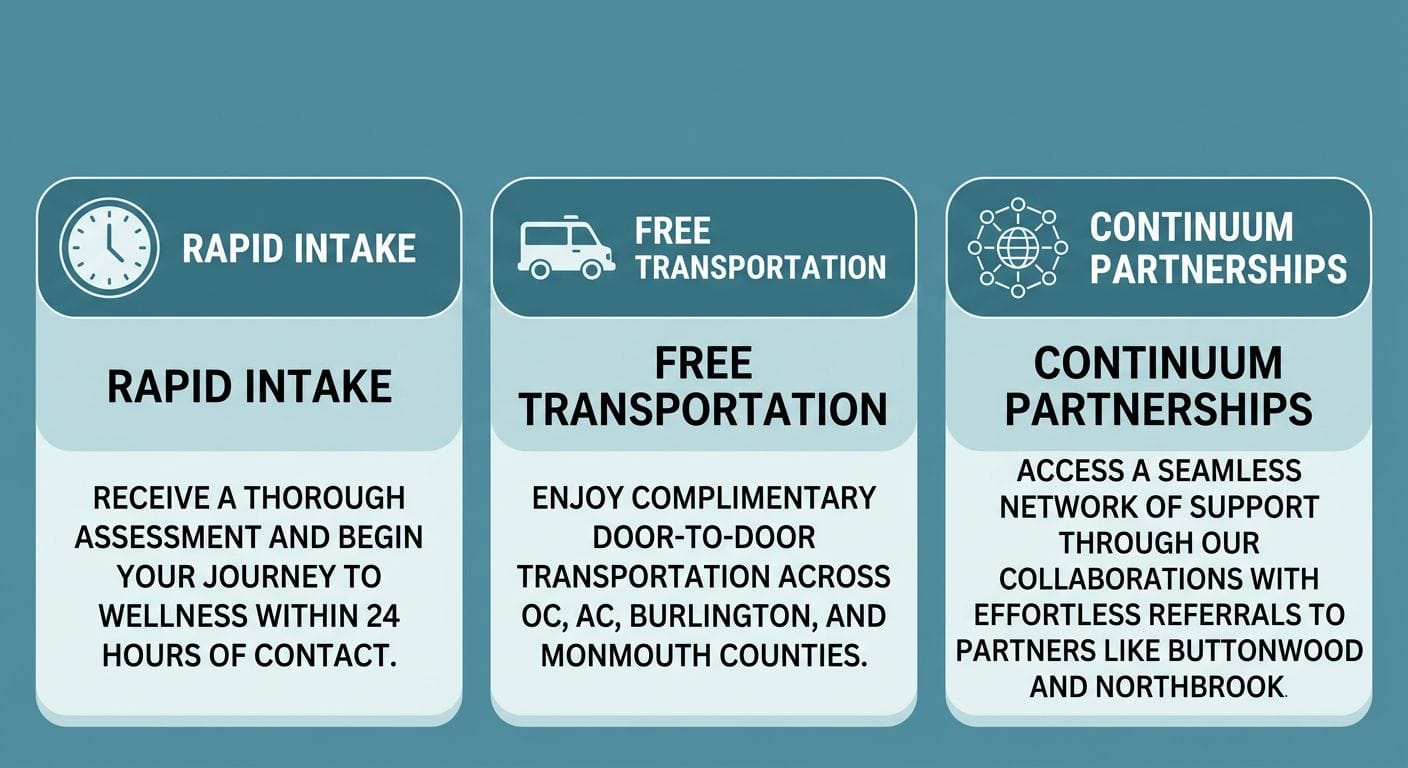 Infographic highlighting Taylor Care's local access advantages in Tuckerton, NJ: rapid intake within 24 hours, free transportation, and continuum partnerships with Buttonwood and Northbrook behavioral health hospitals.
