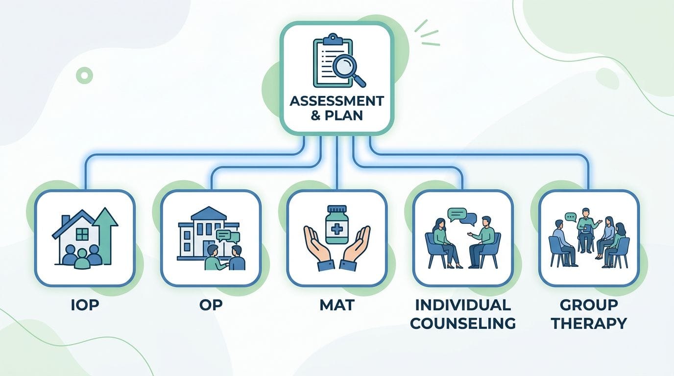 Infographic illustrating the continuum of substance use disorder care at Taylor Care, featuring a central Assessment and Personalized Plan node branching to IOP, OP, MAT, Individual Counseling, and Group Therapy services in calming blue and green tones.