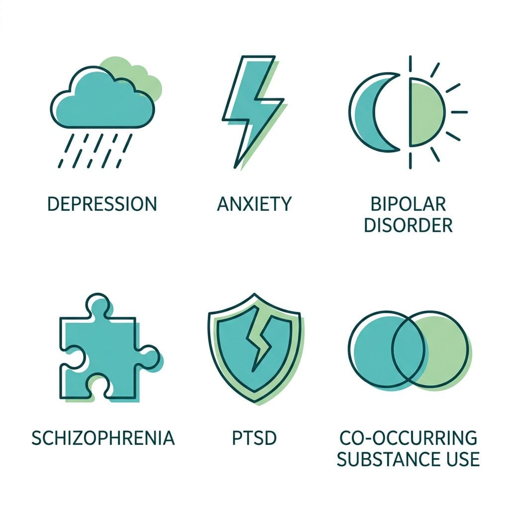 Flat line icon grid showing six mental health conditions treated at Taylor Care Tuckerton outpatient programs: Depression, Anxiety, Bipolar Disorder, Schizophrenia, PTSD, and Co-occurring Substance Use, with teal and green color scheme on white background.