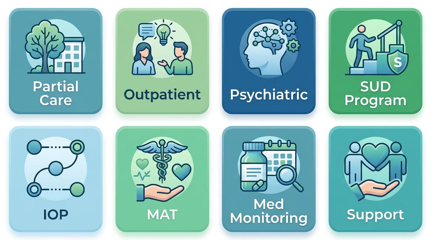 Infographic showing Taylor Care's behavioral health services in Berlin NJ: eight program modules including partial care, outpatient, psychiatric, substance use disorder, IOP, MAT, medication monitoring, and support services.
