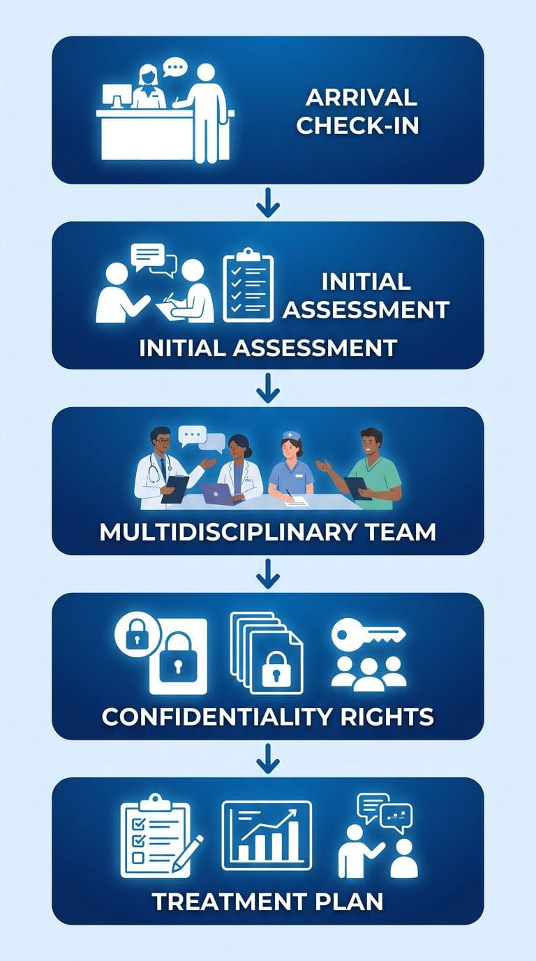 Vertical process flow showing 5 steps for a first visit at Taylor Care Berlin: Arrival Check-in, Initial Assessment, Multidisciplinary Team, Confidentiality Rights, and Treatment Plan, with white icons on blue gradient cards connected by arrows.