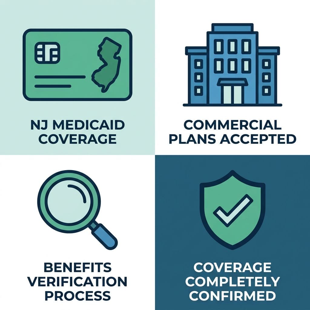 Icon set in a 2x2 grid showing NJ Medicaid green medical card, Commercial Insurance blue building, We Verify Benefits magnifying glass, and Coverage Confirmation checkmark shield for Taylor Care IOP coverage.