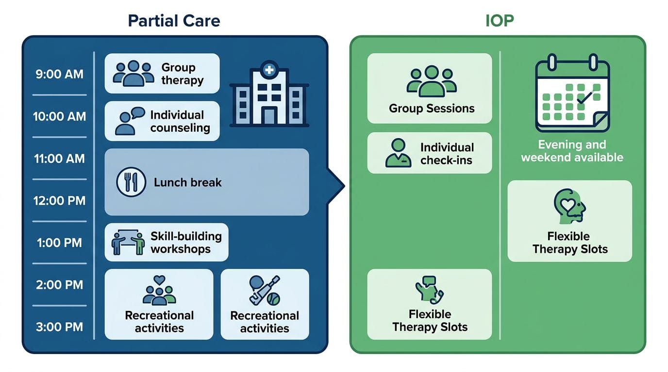 Infographic comparing Partial Care and Intensive Outpatient programs: left panel shows daily-intensive structured schedule with building icon, right panel shows flexible evening schedule with calendar icon.