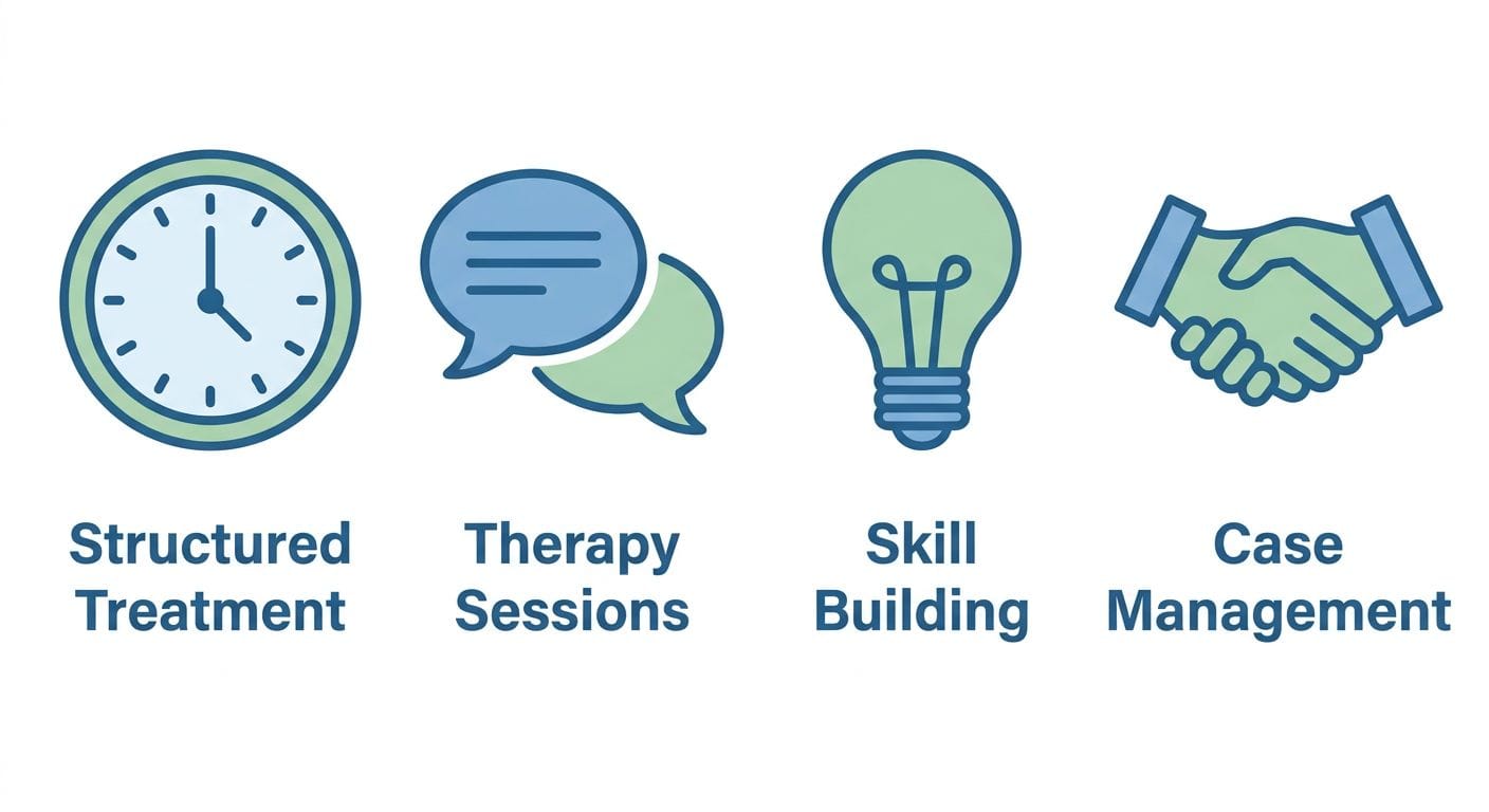 Partial care program components infographic showing structured daytime treatment, therapy sessions, skill building, and case management with calming blue and green icons.