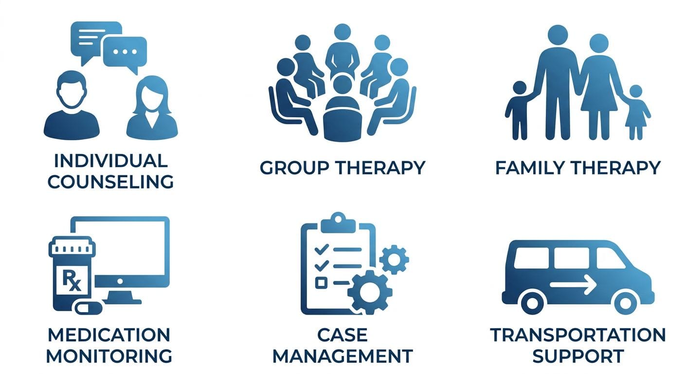 Clean infographic with six icons representing Taylor Care's partial care services: individual counseling, group therapy, family therapy, medication monitoring, case management, and transportation support, arranged in a 3x2 grid with calming blue icons on white background.