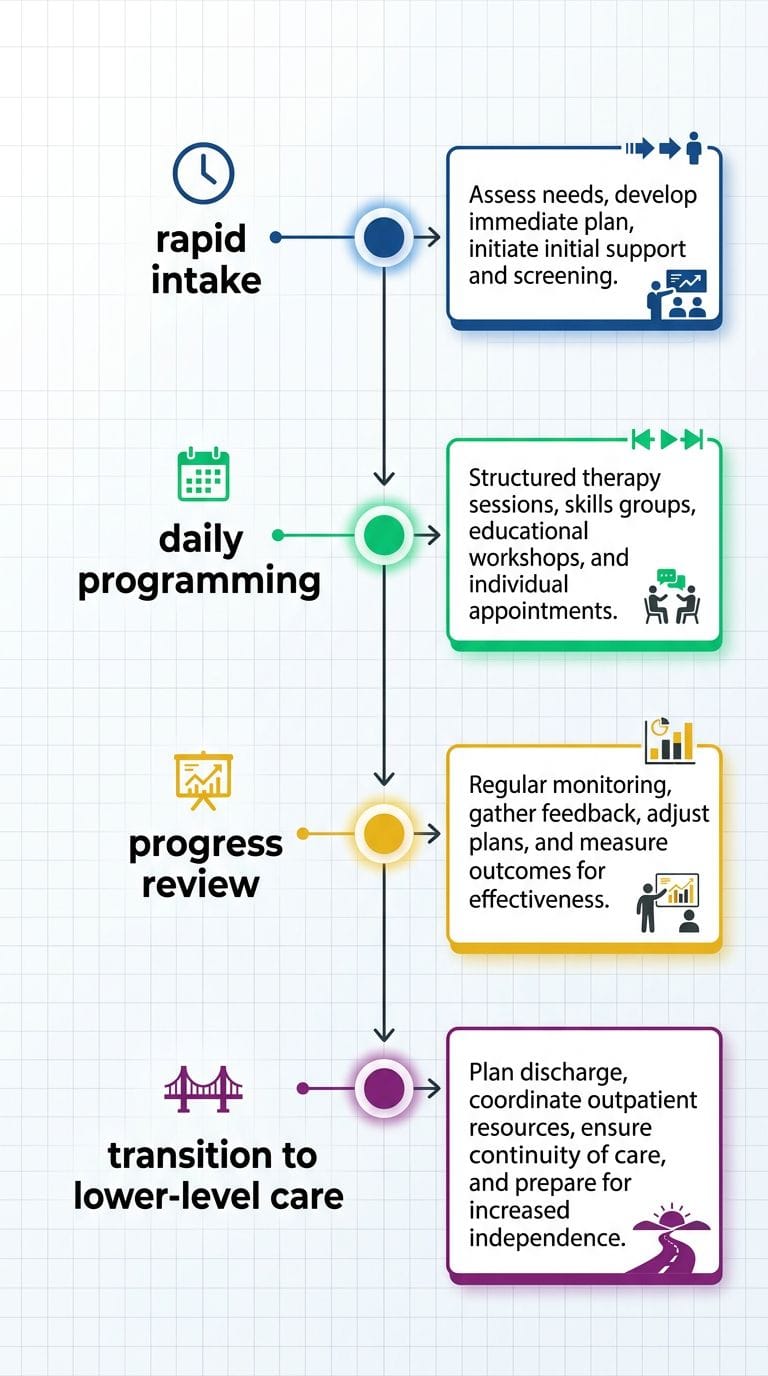 Vertical timeline showing four phases of behavioral health treatment: rapid intake, daily programming, progress review, and transition to lower-level care