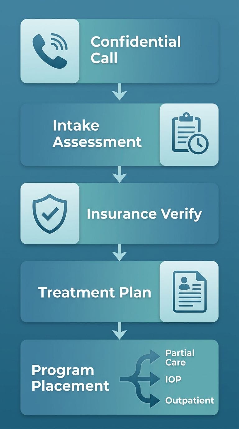 Vertical process flow of five steps for intake at Taylor Care Galloway: confidential call, assessment, insurance verification, treatment plan, and program placement.