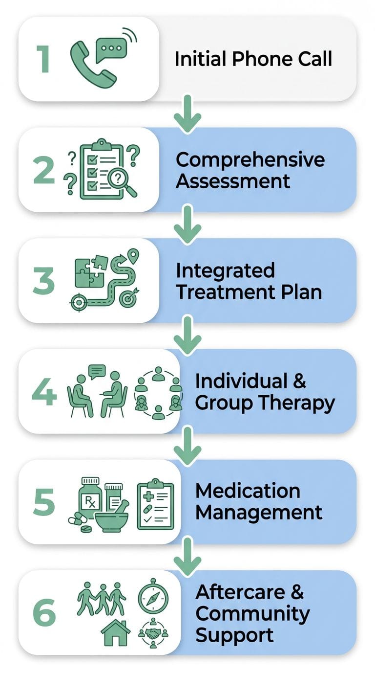 Vertical process flow illustrating six stages of integrated dual diagnosis treatment at Taylor Care in Berlin, NJ: assessment, therapy, medication management, and aftercare.