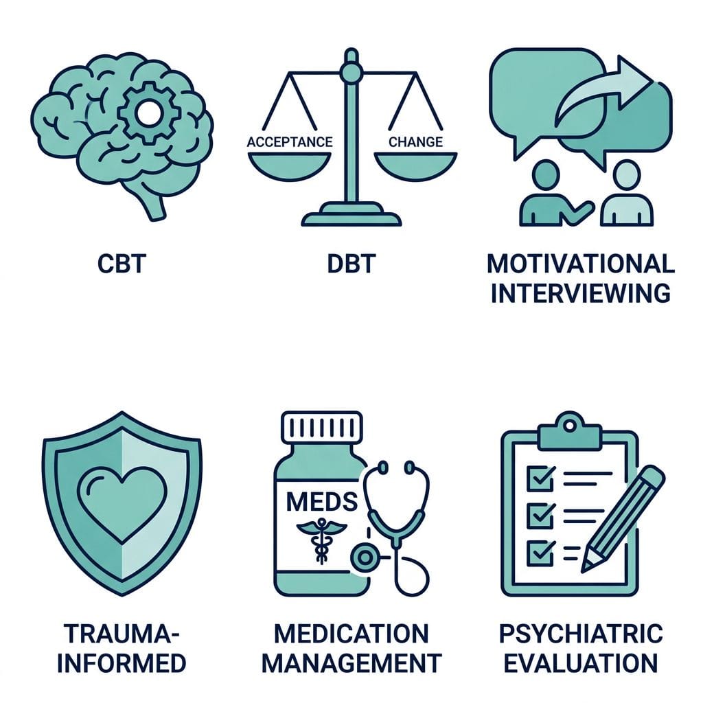 2x3 grid of six icons showing Cognitive Behavioral Therapy, Dialectical Behavior Therapy, Motivational Interviewing, Trauma-informed care, Medication management, and Psychiatric evaluation, each with an icon and label, teal and navy on white.