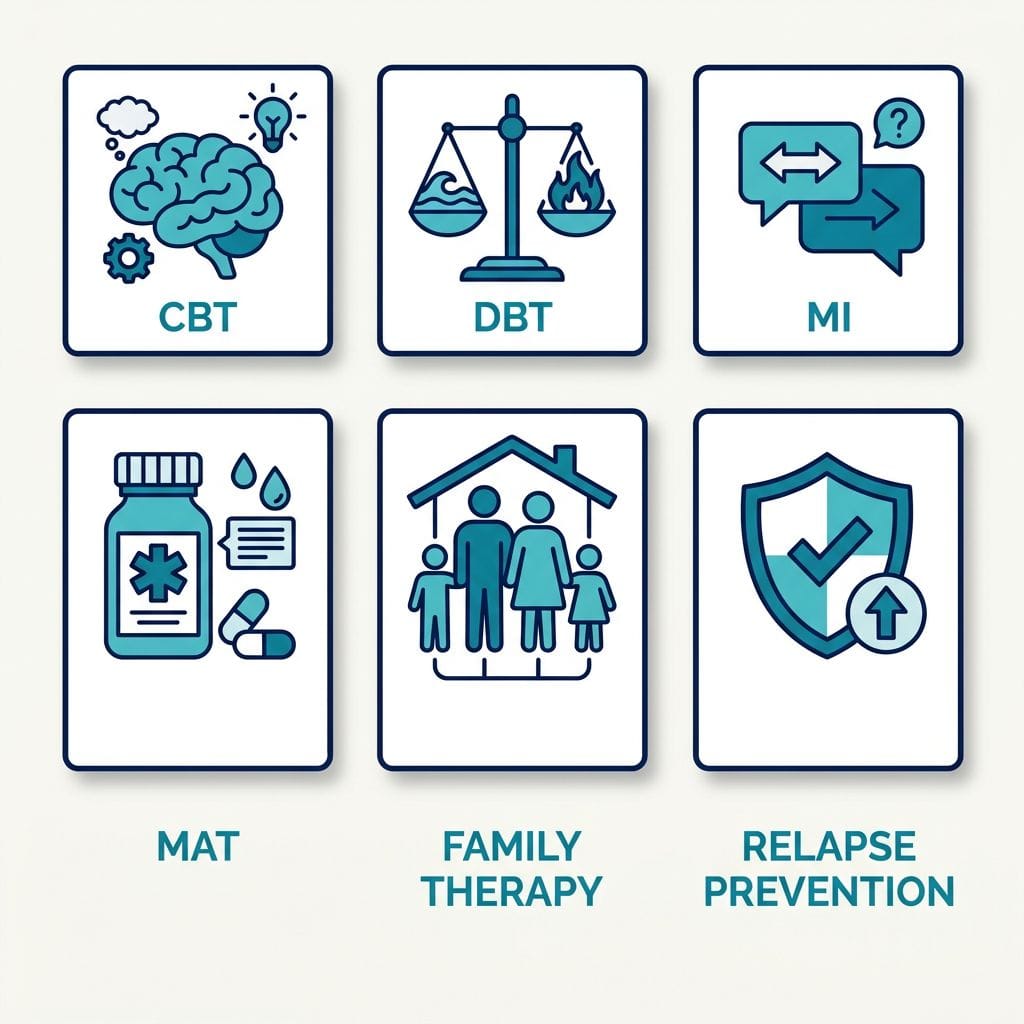 A 3x2 grid of flat icons representing six evidence-based therapies used by Taylor Care: CBT, DBT, MI, MAT, family therapy, and relapse prevention, in teal and navy on white cards.