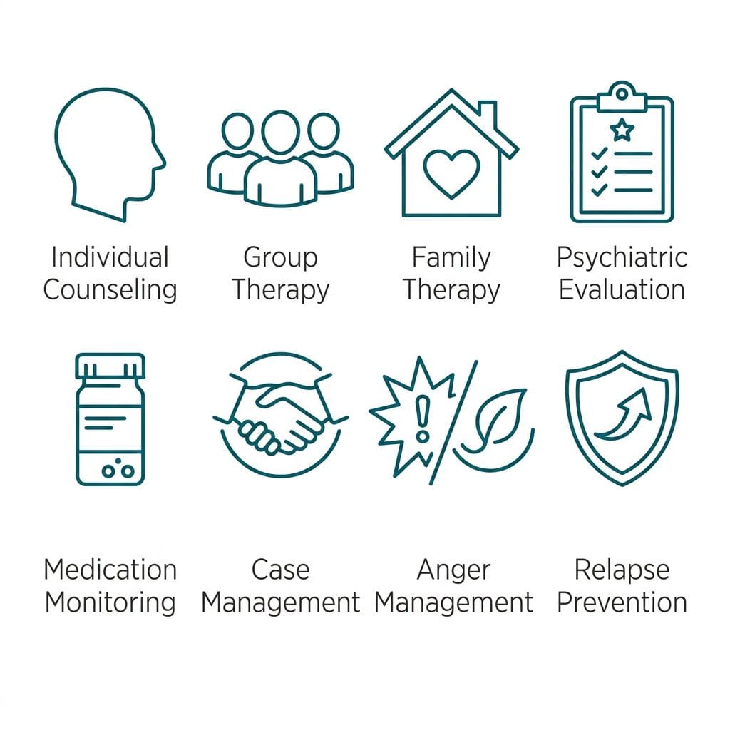 Grid of eight teal outline icons representing Taylor Care's behavioral health services