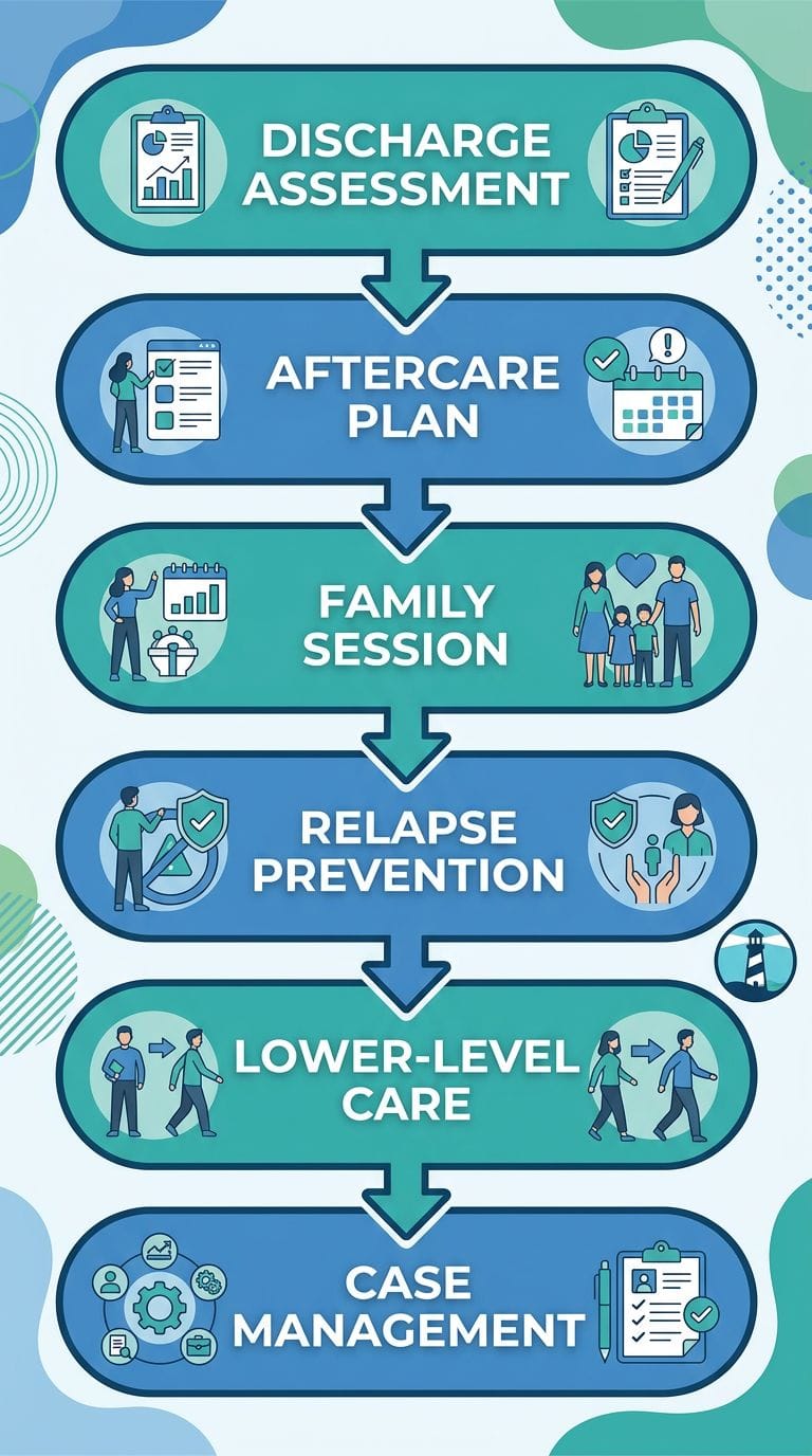 Vertical process-flow diagram illustrating six aftercare steps after partial care in Galloway, with stages from discharge assessment to case management, using calming blue and teal colors, no text titles.