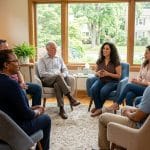 A diverse group therapy session in a bright room with large windows, led by a counselor, at Taylor Care behavioral health center in New Jersey.