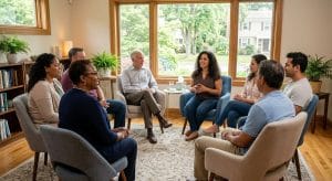 A diverse group therapy session in a bright room with large windows, led by a counselor, at Taylor Care behavioral health center in New Jersey.
