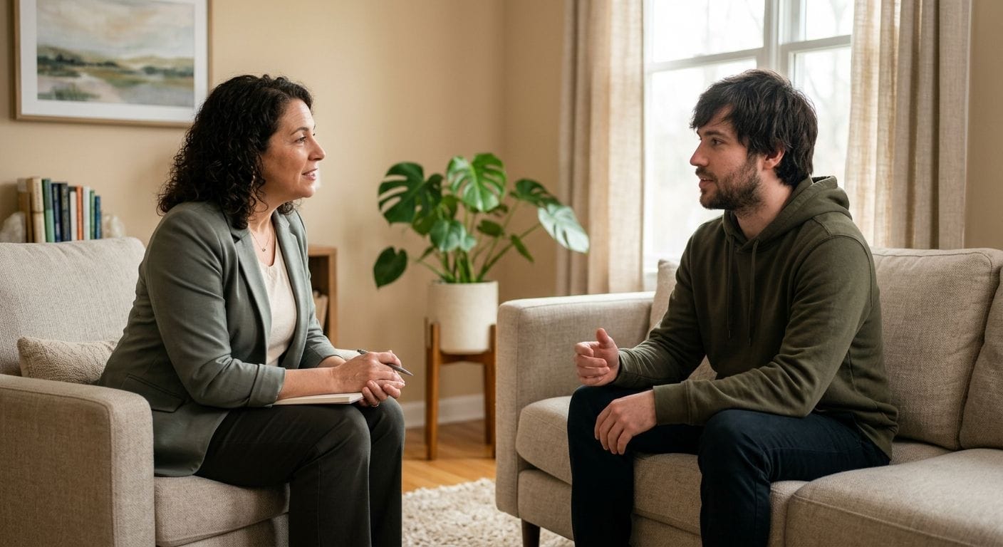 Professional photograph of a therapist and client in a calming therapy room for anger management therapy in New Jersey