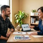 Veteran in casual clothes and a female VA Community Care coordinator sit in a bright office, discussing outpatient alcohol treatment options with trust and collaboration