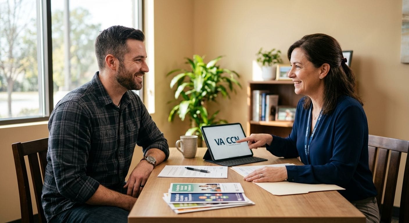 Veteran in casual clothes and a female VA Community Care coordinator sit in a bright office, discussing outpatient alcohol treatment options with trust and collaboration