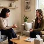 A licensed therapist and client in a calm New Jersey counseling office with soft neutral tones and natural light