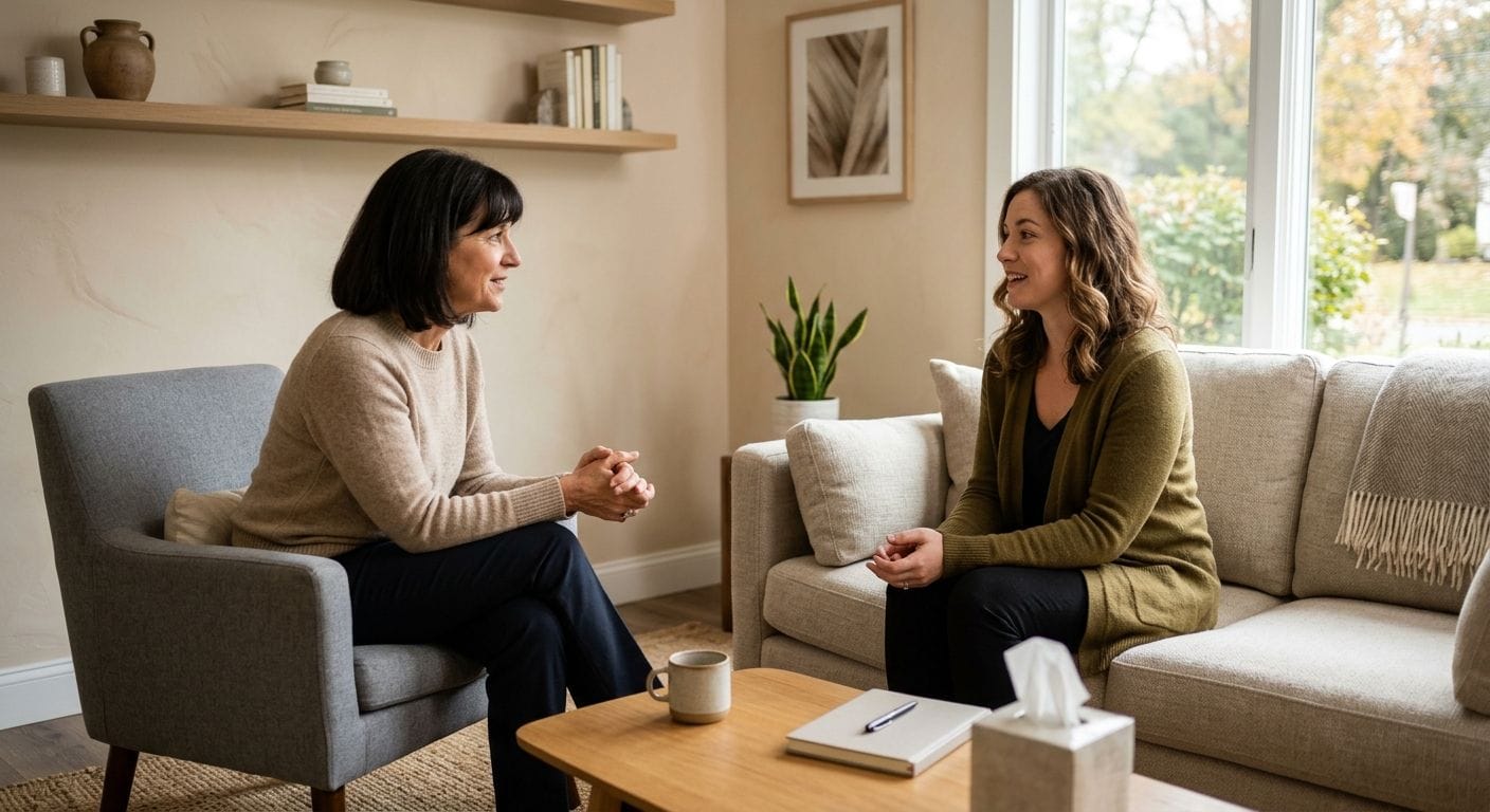 A licensed therapist and client in a calm New Jersey counseling office with soft neutral tones and natural light