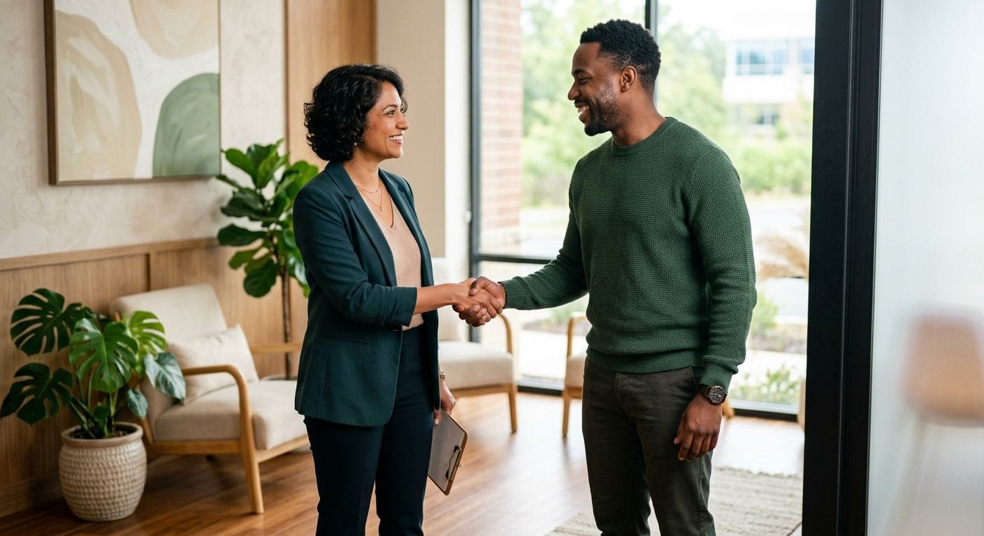 A behavioral health therapist in a bright New Jersey clinic warmly shakes hands with a diverse adult client seated in a comfortable armchair, with natural light, soft neutral decor, and blurred background conveying safety and trust.