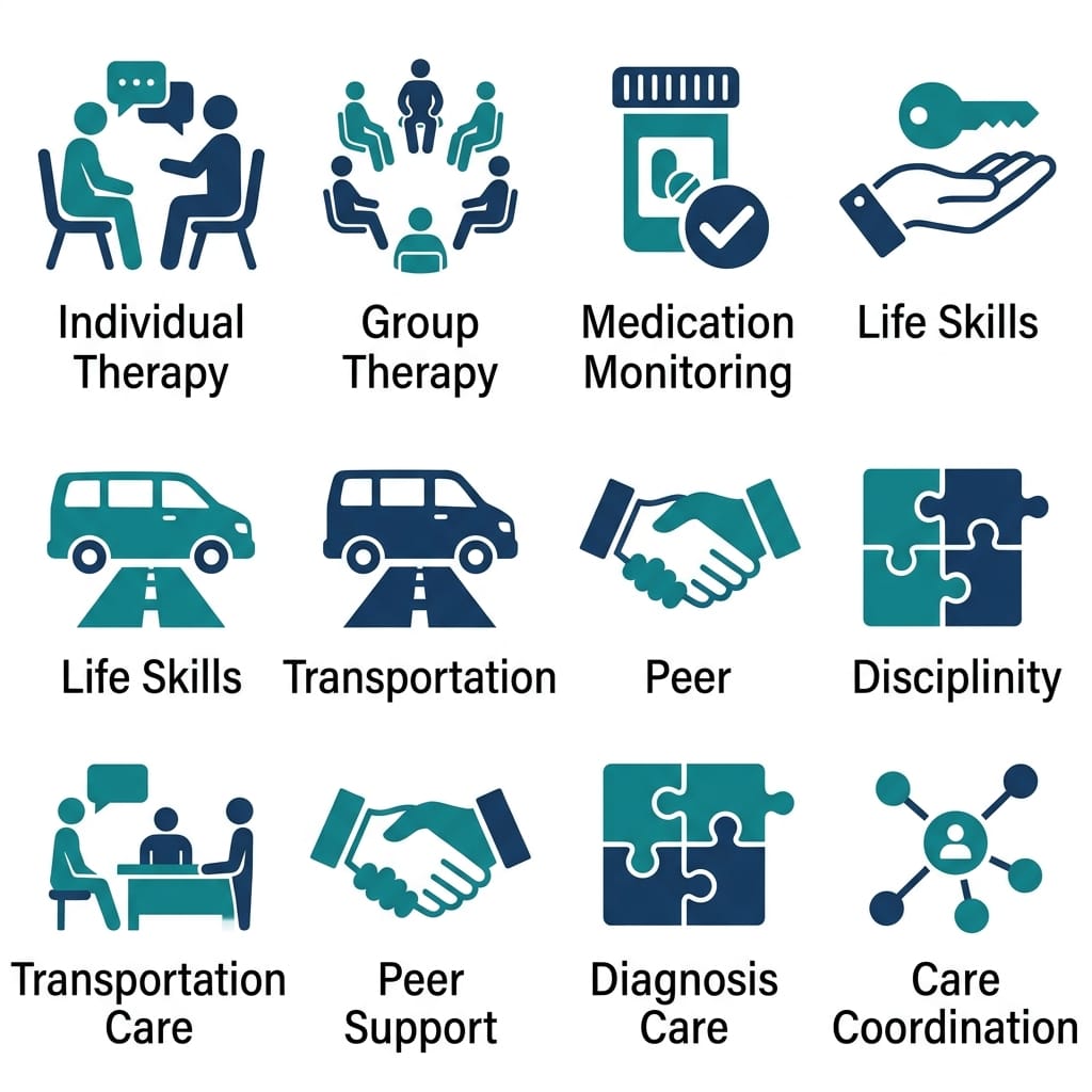 Set of eight flat icons representing components of Taylor Care's Partial Care Program: individual therapy, group therapy, medication monitoring, life skills, transportation, peer support, dual diagnosis care, and care coordination.
