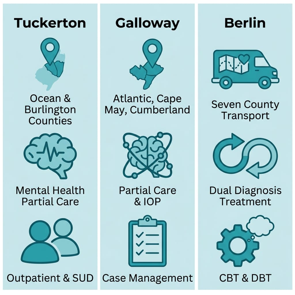 Infographic with three columns for Tuckerton, Galloway, and Berlin locations showing service areas and treatment programs.