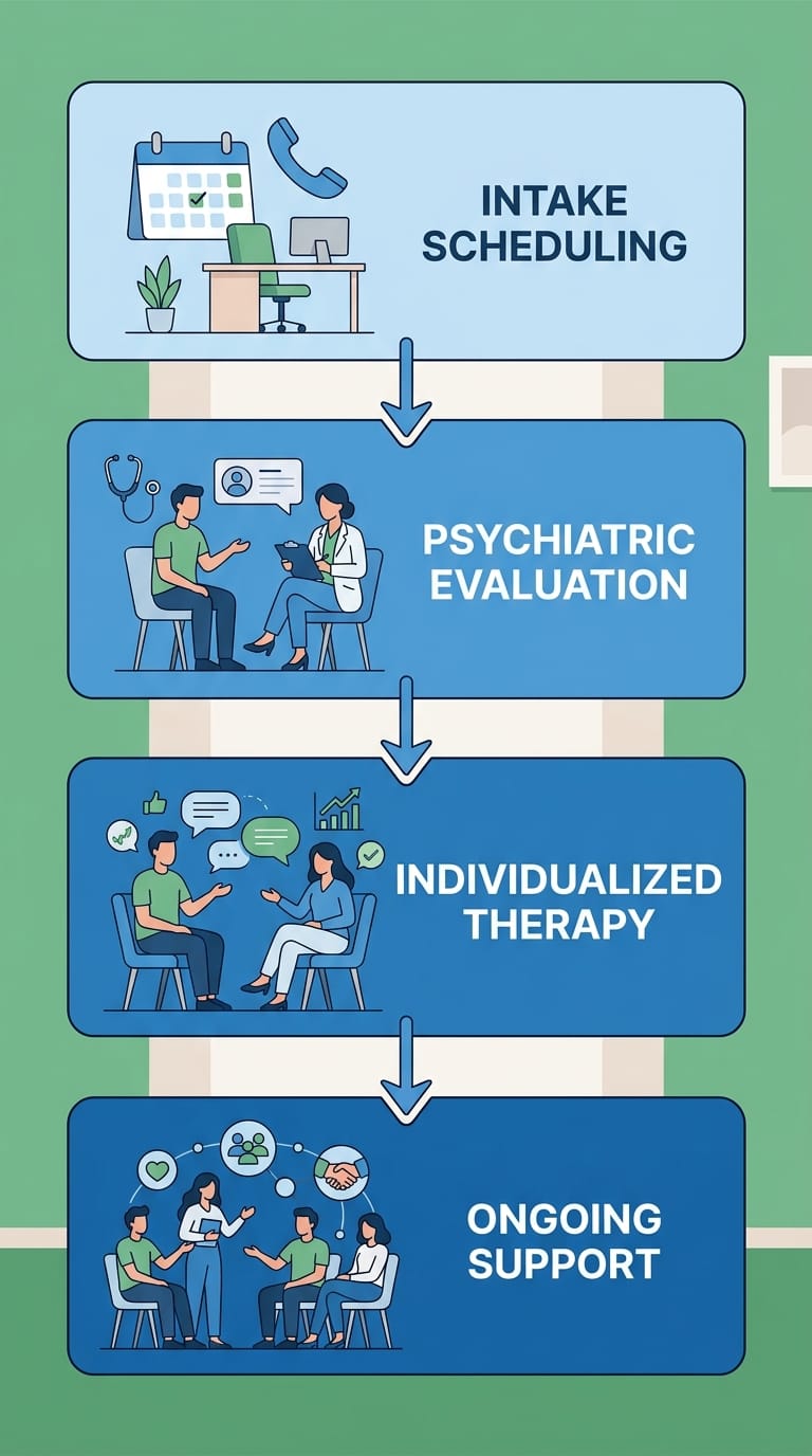 Process flow diagram of anger management therapy at Taylor Care showing four stages: intake scheduling, psychiatric evaluation, individualized therapy, and ongoing support.