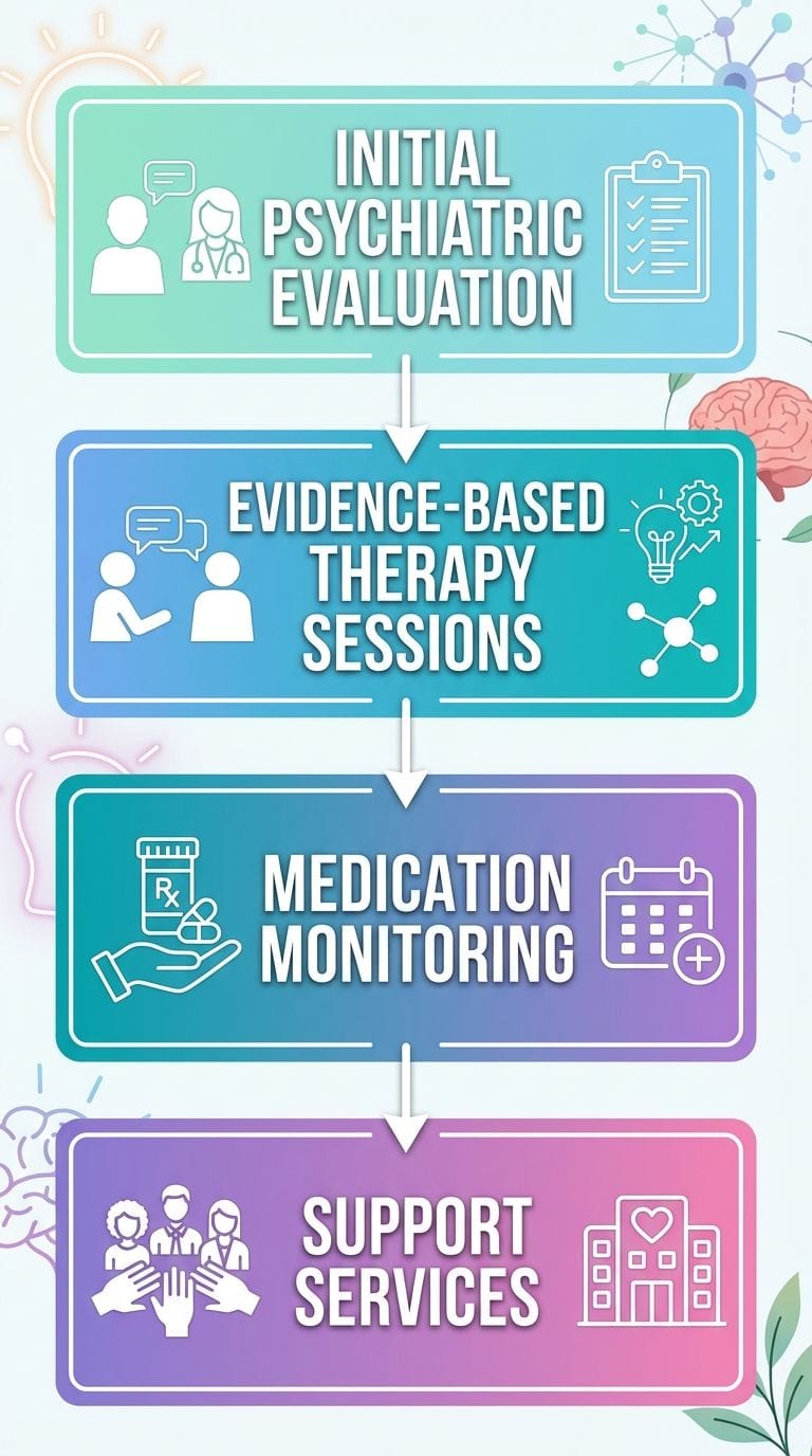 Vertical process flow diagram showing four stages of Taylor Care's outpatient mental health program: initial psychiatric evaluation, evidence-based therapy sessions, medication monitoring, and support services, with arrows connecting rounded soft-colored stages on a light background with subtle mental health motifs.