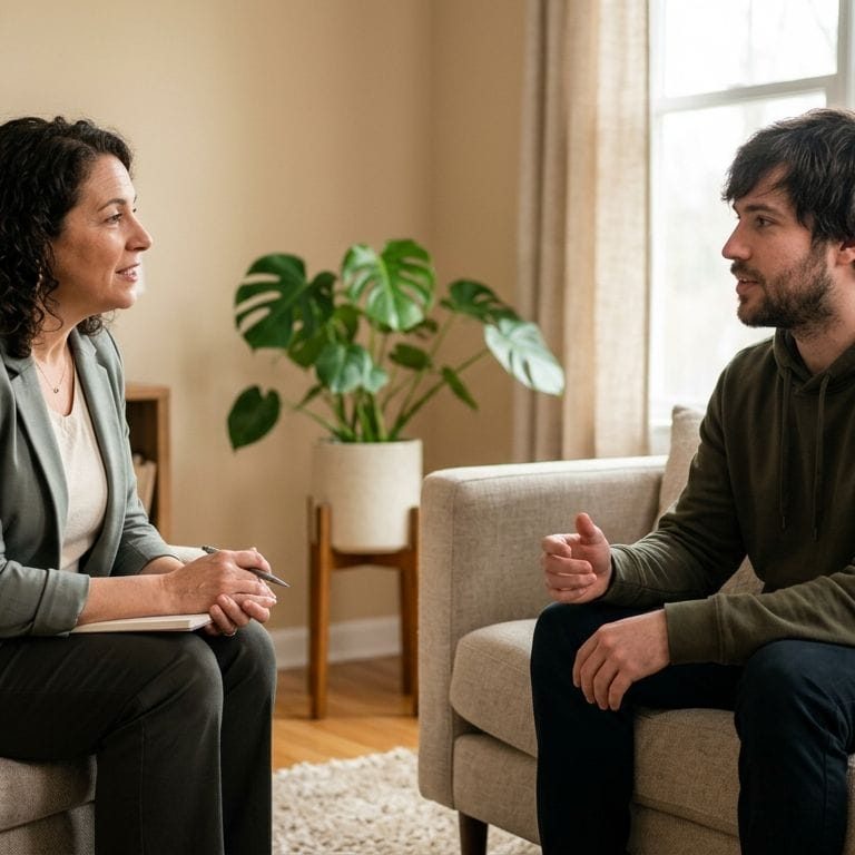 Professional photograph of a therapist and client in a calming therapy room for anger management therapy in New Jersey