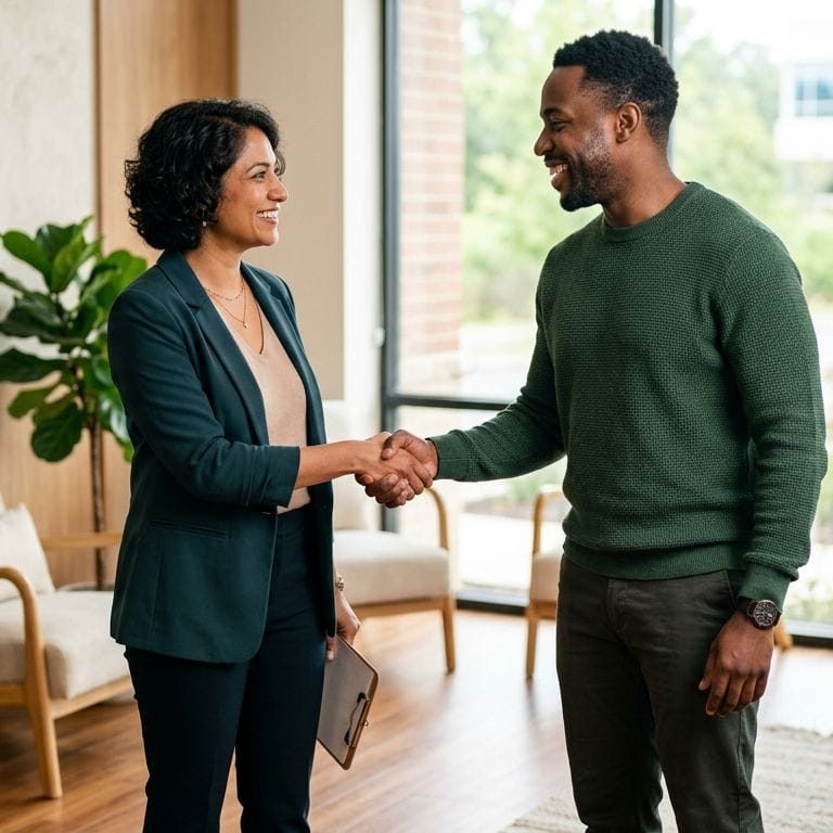 A behavioral health therapist in a bright New Jersey clinic warmly shakes hands with a diverse adult client seated in a comfortable armchair, with natural light, soft neutral decor, and blurred background conveying safety and trust.